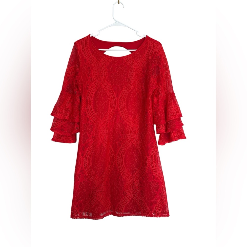 Francescas Mi Ami Red Lace Sheath Mini Dress with 3/4 Tiered Bell Sleeves Size L